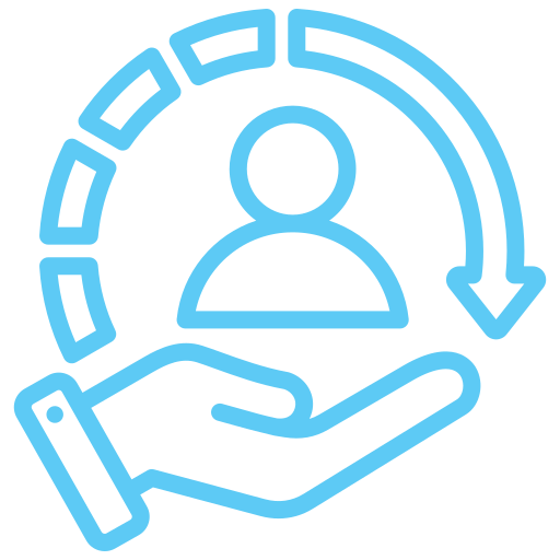 Blue line icon of a hand holding a user silhouette with a circular arrow around, symbolizing user protection or account security