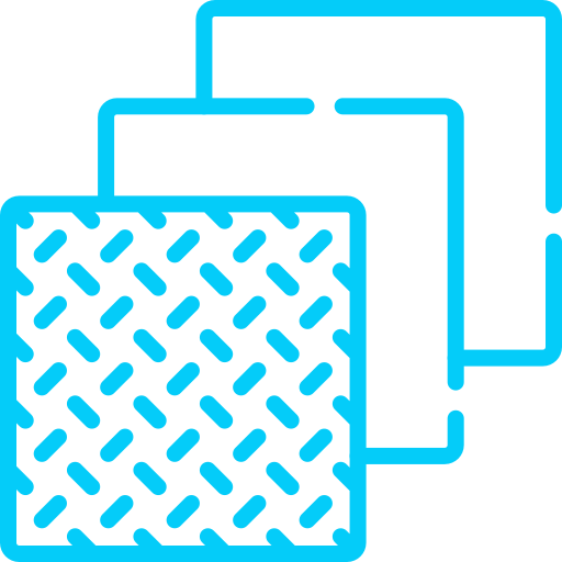 Blue outline icon of two overlapping computer monitors, one in front with a patterned screen.