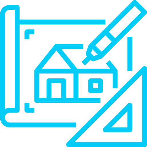 Architectural drafting icon: a blueprint with a house sketch being drawn by a pencil and a triangular ruler nearby.