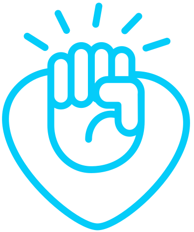 Bright blue heart outline with a raised fist inside, symbolizing solidarity and support.