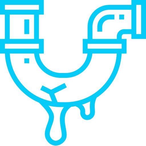 Blue line drawing of a plumbing plunger connected to pipes with a droplet beneath.