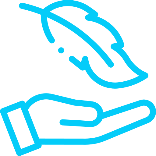 Blue line drawing of a hand palm-up holding a leaf, symbolizing sustainability and care for the environment
