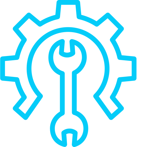 Cyan gear with a wrench at center, symbolizing settings or maintenance.