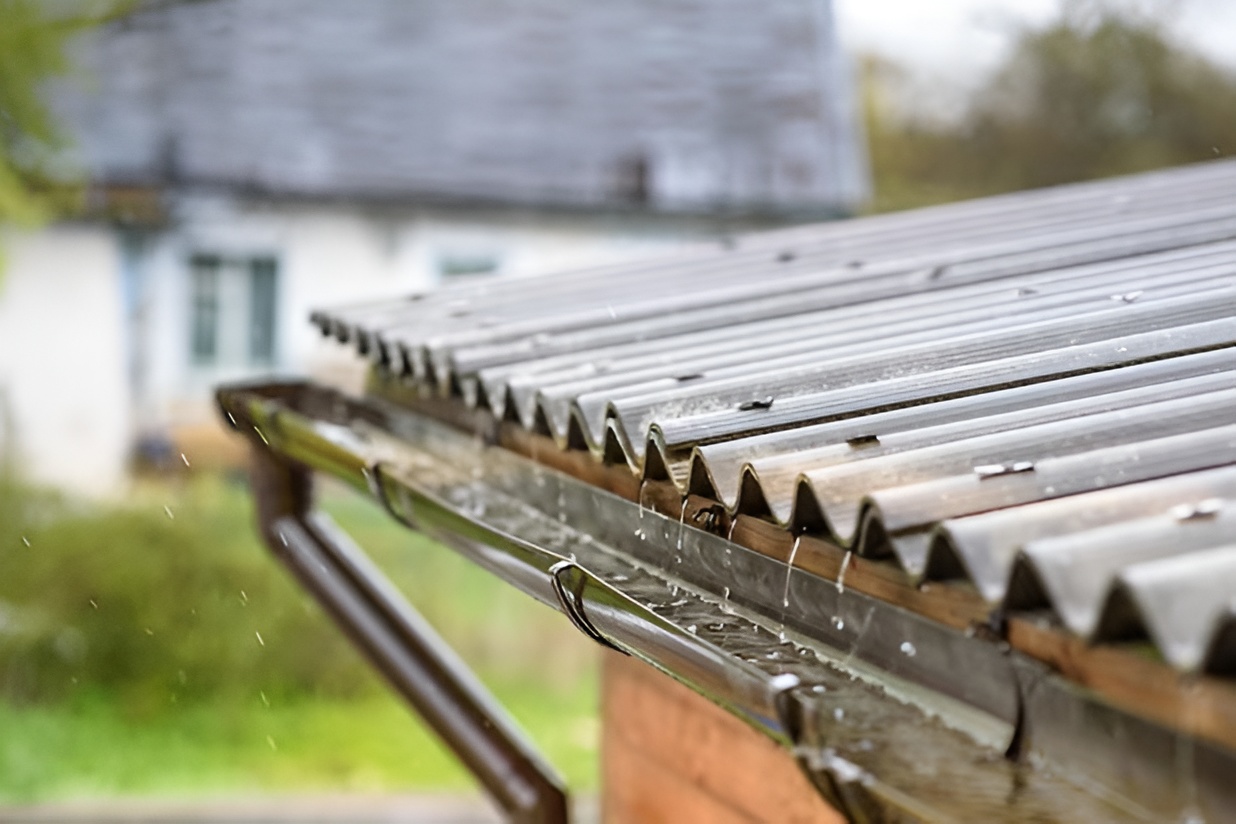 Close-up of a rain gutter on a metal roof with water flowing, house and greenery blurred in the background.