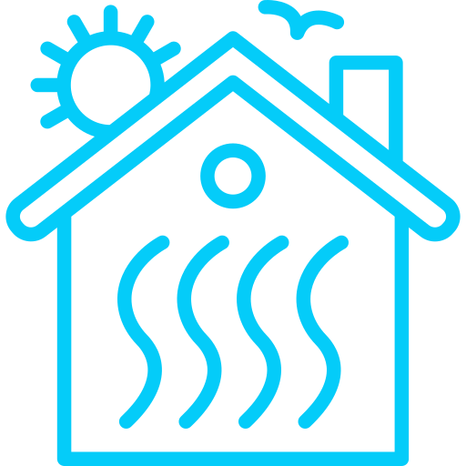 Blue outline icon of a house with a sun in the top left and birds; inside, three curved wavy lines suggest warmth or airflow from within the home.