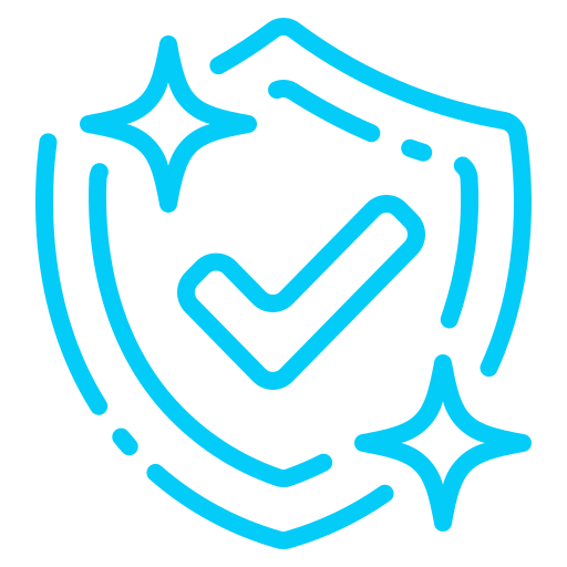Blue shield icon with a checkmark and sparkle accents, symbolizing verified security.