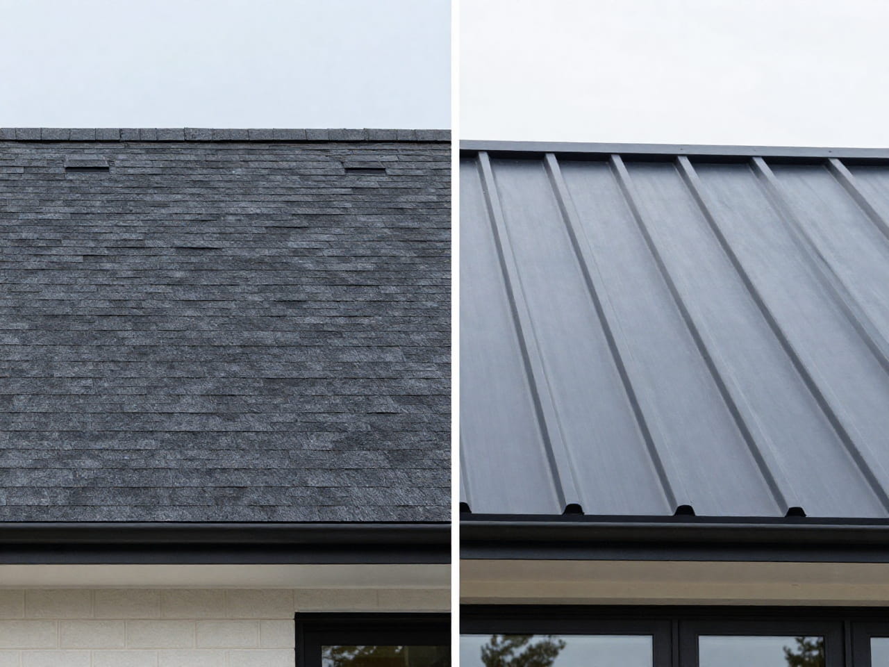Split view of two rooftops: left with dark asphalt shingles, right with light gray metal panels on a modern house.