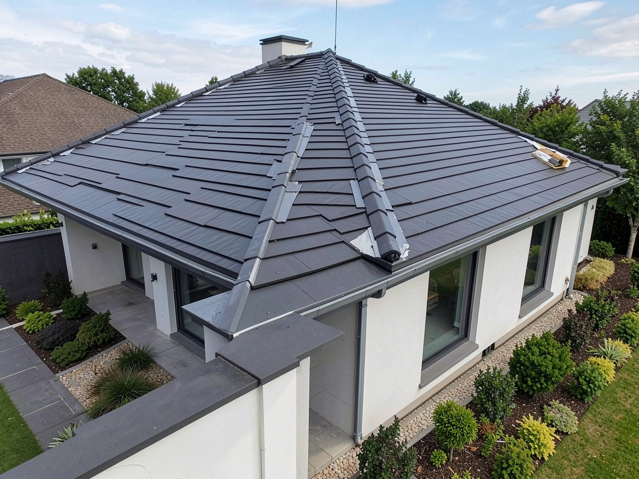 Modern house with gray tiled hip roof, white walls, large windows and proper roof ventilation.