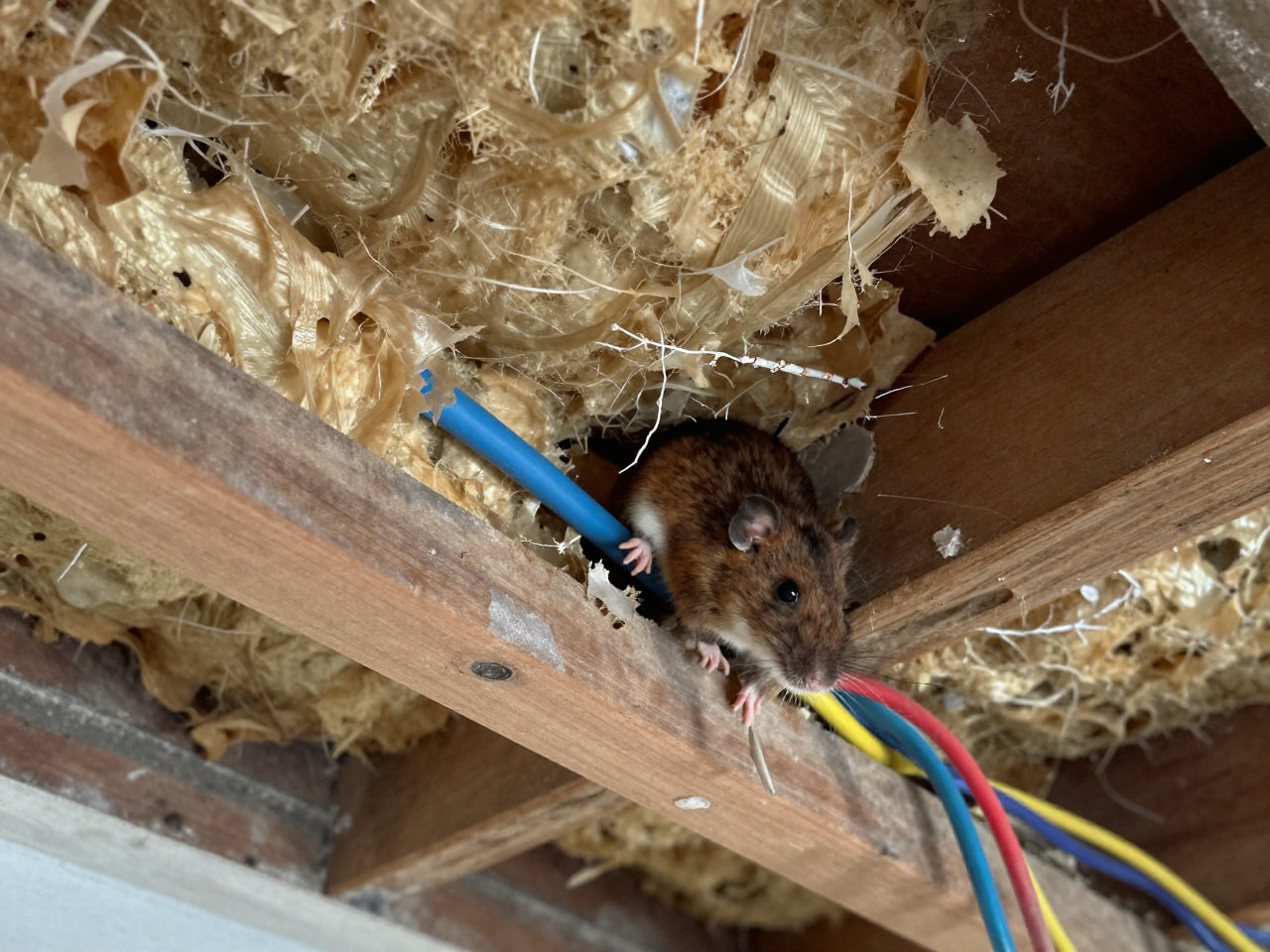 Rodent damage to wiring inside a Sydney roof cavity
