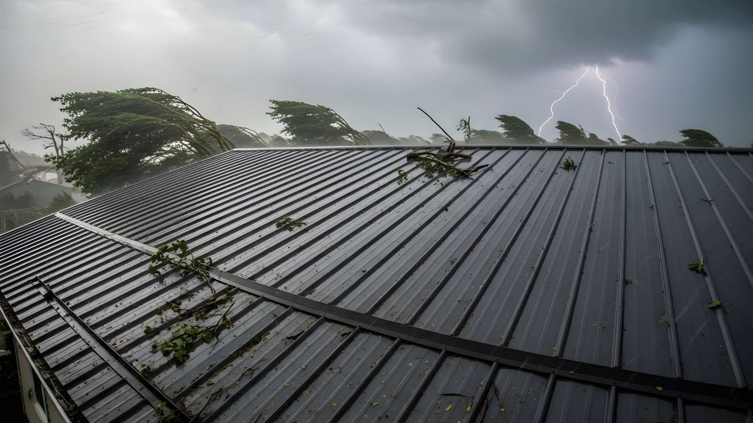 Storm-damaged metal roof and scattered branches as lightning strikes; urgent leak repair needed in stormy weather.