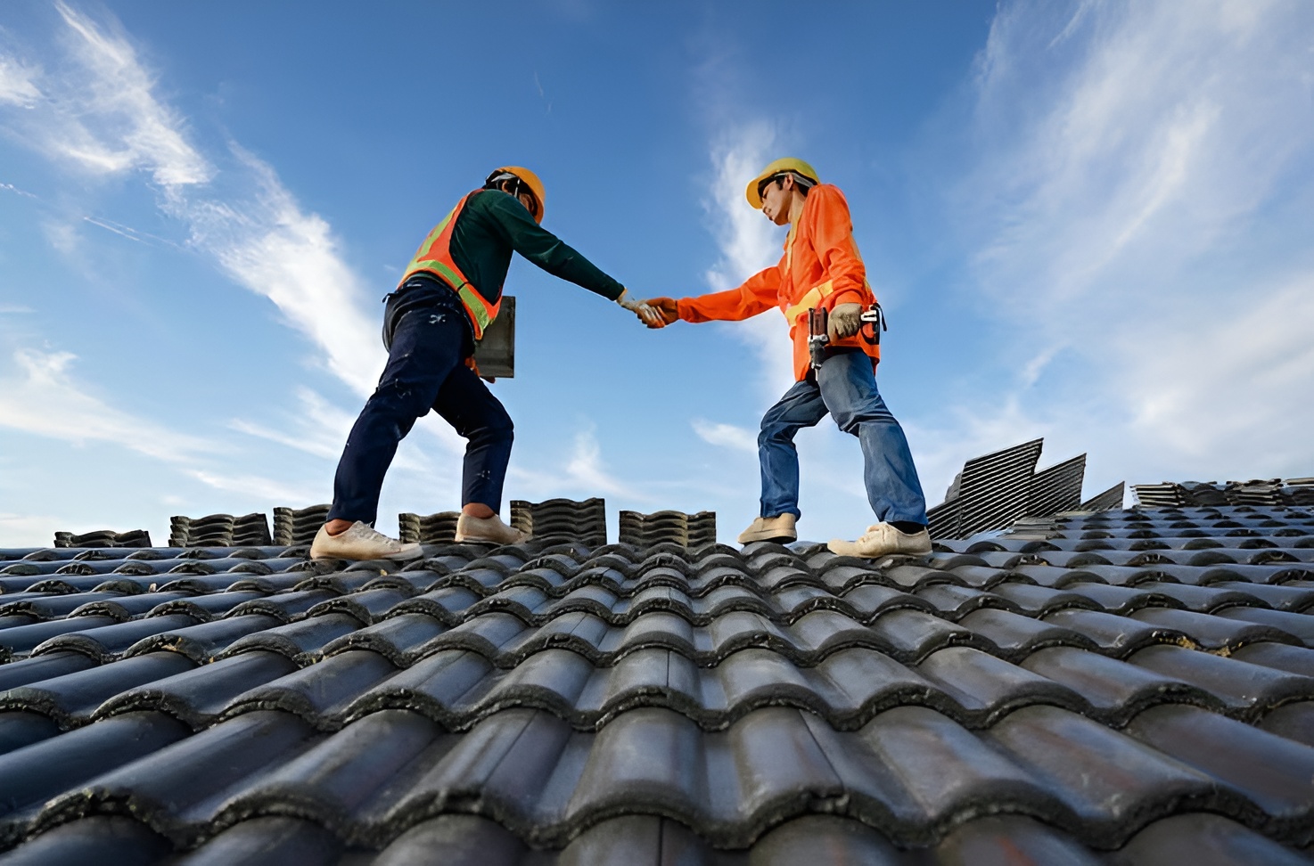 Two roofers in safety gear shaking hands on a City2Surf Roofing project for Tile Roof Repair Sydney site services.
